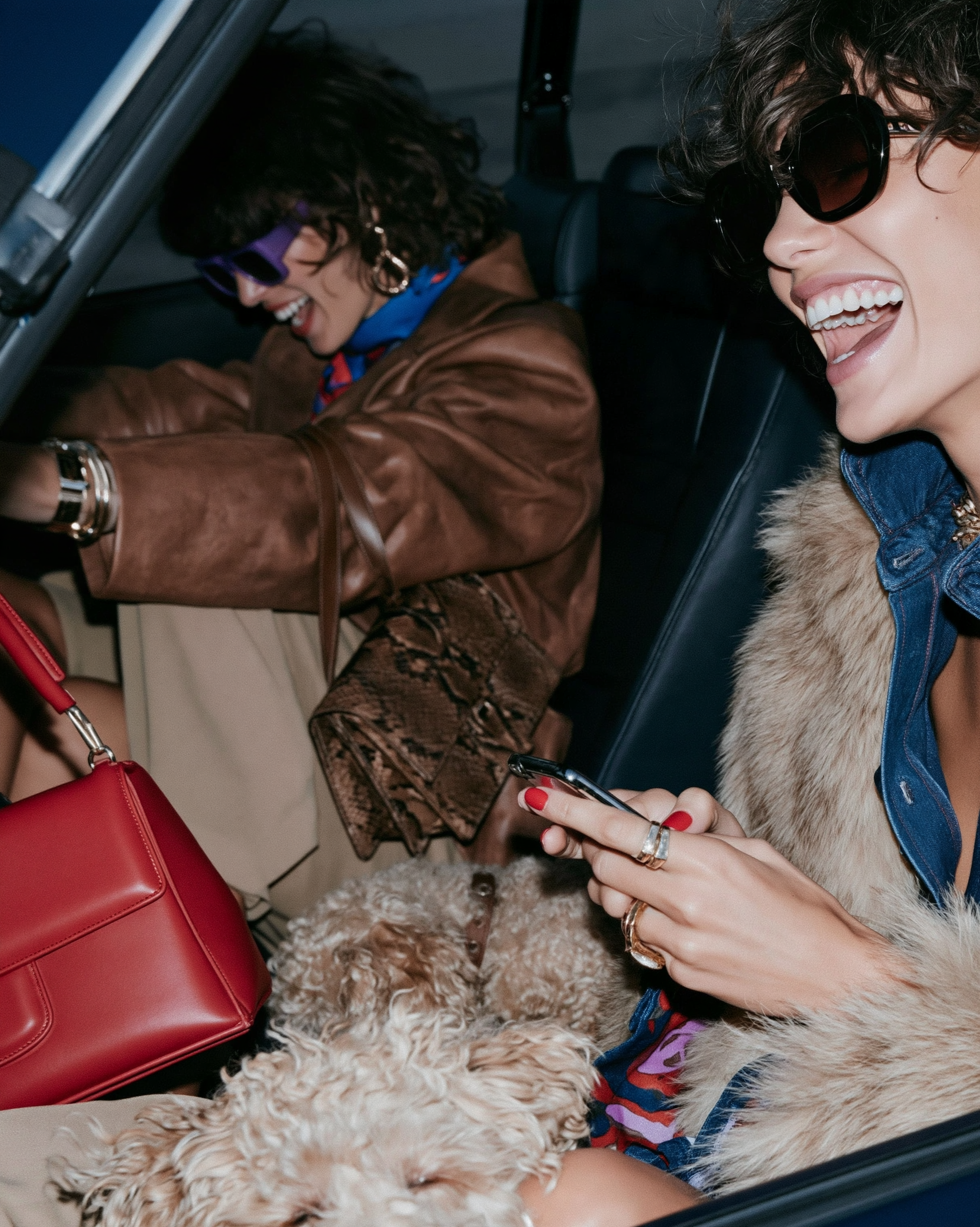 In Transit — Two laughing women wearing sunglasses inside a car with a fluffy dog, brown jacket, fur, and red handbag
