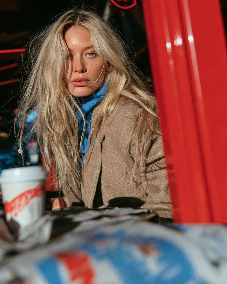 In Transit — Blonde woman wearing a blue turtleneck and beige coat, seated at an outdoor table framed by a red pillar