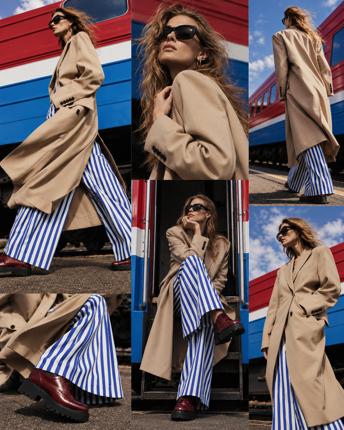 In Transit — fashion collage beside a train