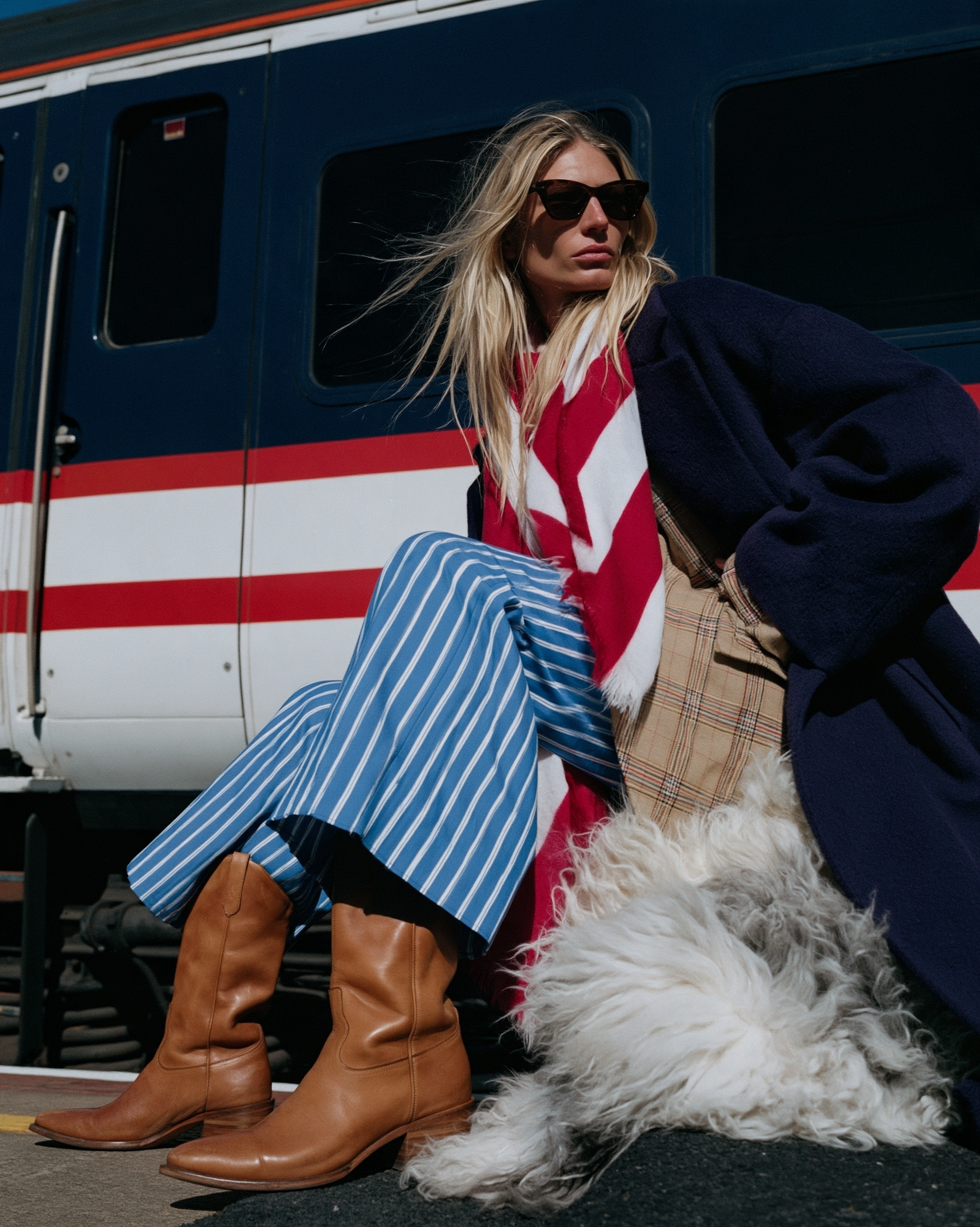 In Transit — A blonde woman in sunglasses, a navy coat, red-and-white scarf, blue striped trousers and brown boots seated beside a train.
